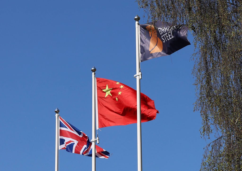 The flags of China and the United Kingdom are flown at British Steel’s Scunthorpe plant in England on Thursday. Photo: AFP