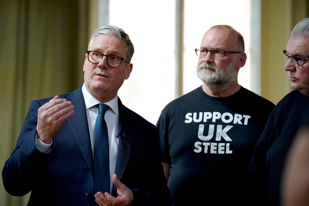 UK Prime Minister Keir Starmer speaks during a visit to meet British Steel workers in Appleby Village Hall near Scunthorpe, Lincolnshire, on Saturday. Photo: Reuters