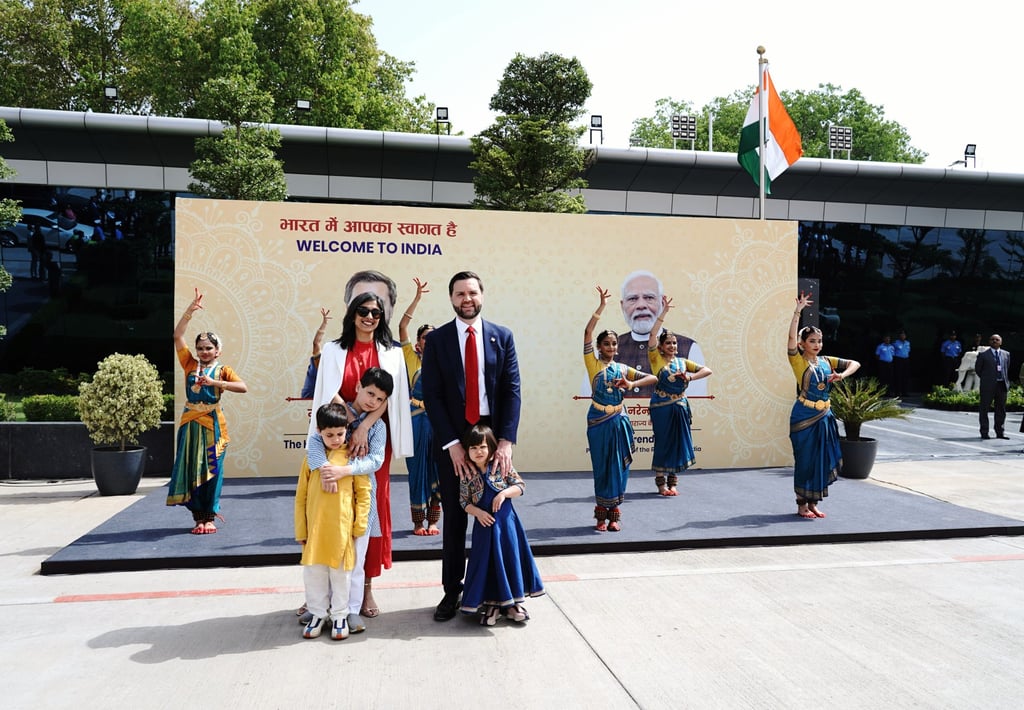 US Vice-President J.D. Vance and his wife Usha Vance pose for photos with their children upon their arrival in New Delhi, India, on Monday. Photo: EPA-EFE/Indian Ministry of External Affairs