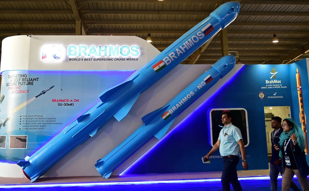 A model of the BrahMos supersonic cruise missile on display at an Indian defence expo. Photo: AFP