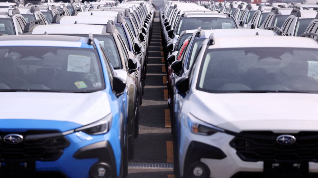 Newly manufactured Subaru cars await export at a port in Yokohama. Japan is facing a 25 per cent tariff on all vehicles and auto parts exports to the US. Photo: Reuters