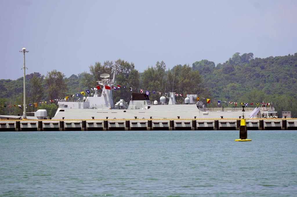 A Chinese naval vessel docked at Cambodia’s Ream Naval Base in the province of Sihanoukville, southwestern Cambodia, on April 5. Photo: Kyodo