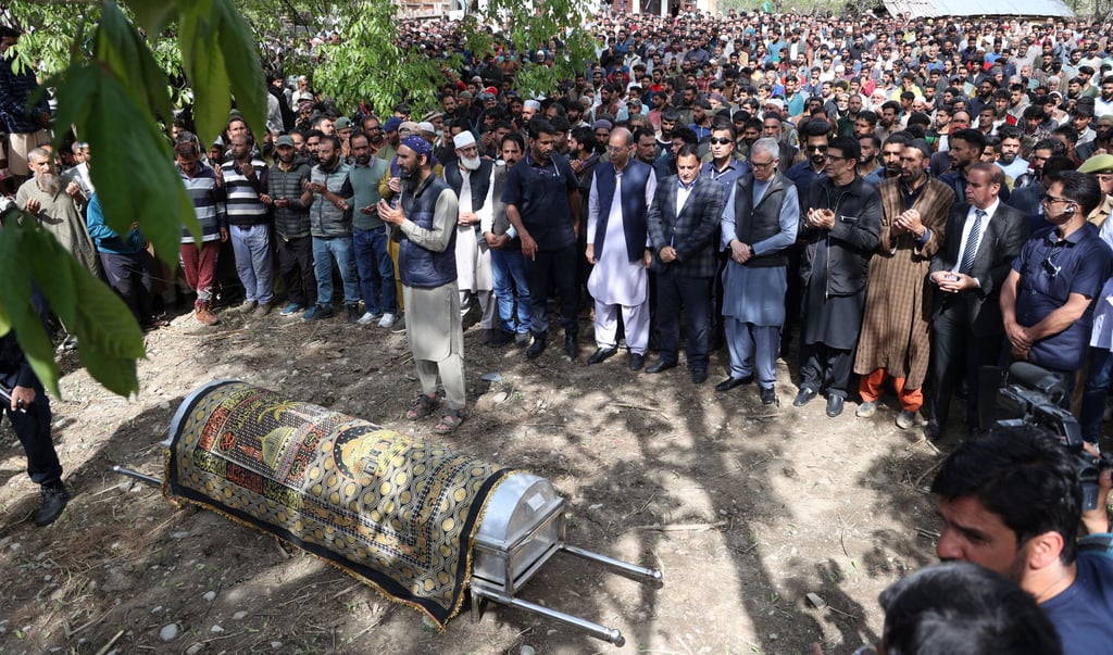 People offer prayers at the funeral of Adil Hussain Shah on Wednesday. Adil was killed in a suspected militant attack near Pahalgam on Tuesday. Photo: Reuters
