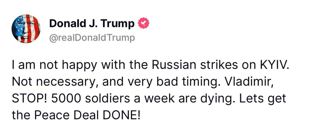 Trump urged Putin to halt Kyiv attacks in a social media post. Photo: Truth Social/realDonaldTrump