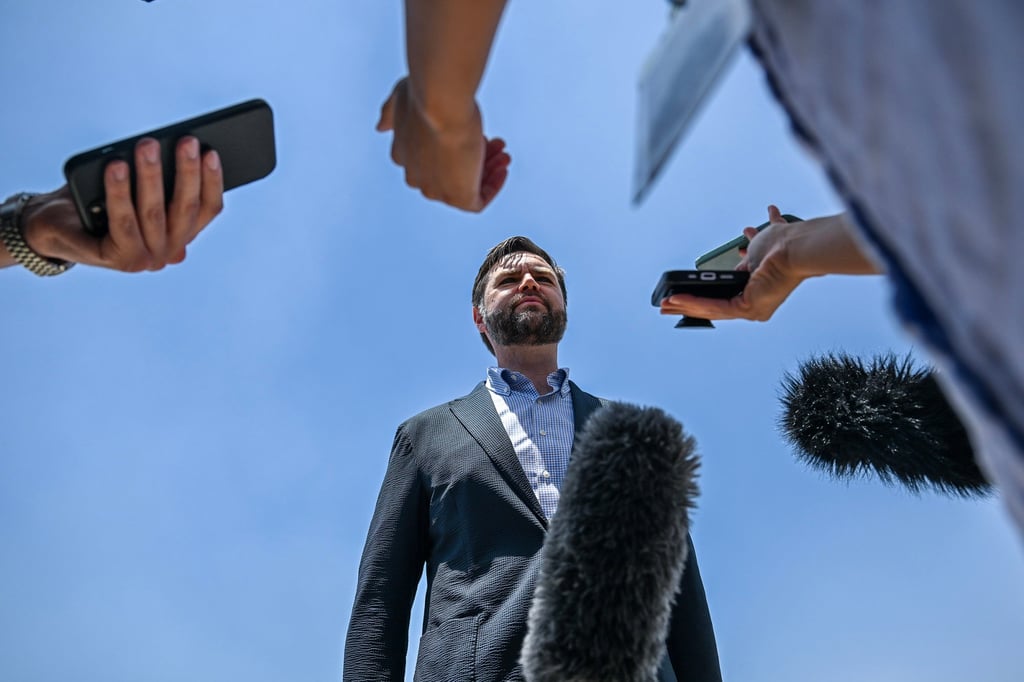US Vice-President J.D. Vance speaks to media as he departs from Agra, India, after visiting the Taj Mahal on Wednesday. Photo: TNS