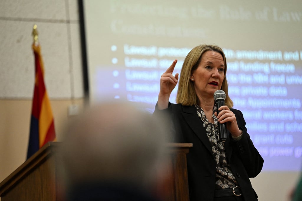 Arizona’s Attorney General Kris Mayes speaks at a town hall meeting in Mesa, Arizona, on April 3. Photo: Reuters