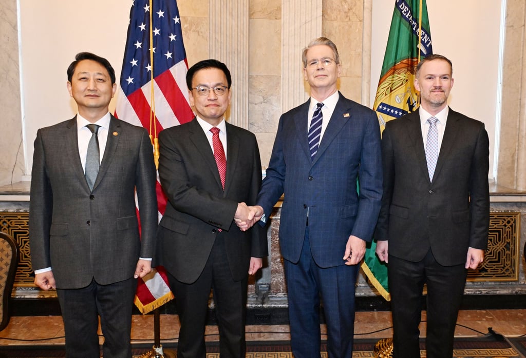 South Korea’s Finance Minister Choi Sang-mok (second from left) and US Treasury Secretary Scott Bessent (second from right) pose for a photo with South Korean Trade Minister Ahn Duk-geun and US Trade Representative Jamieson Greer in Washington on Thursday. Photo: South Korean Finance Ministry via EPA-EFE