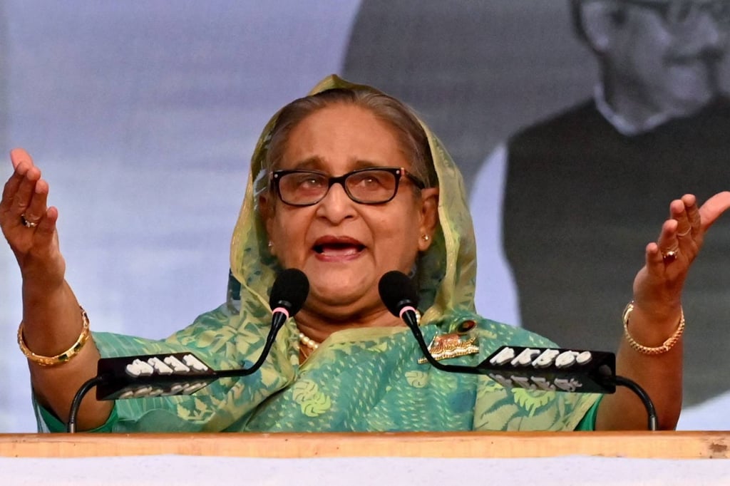 Bangladesh’s then-prime minister Sheikh Hasina addresses a rally in December 2023. Photo: AFP