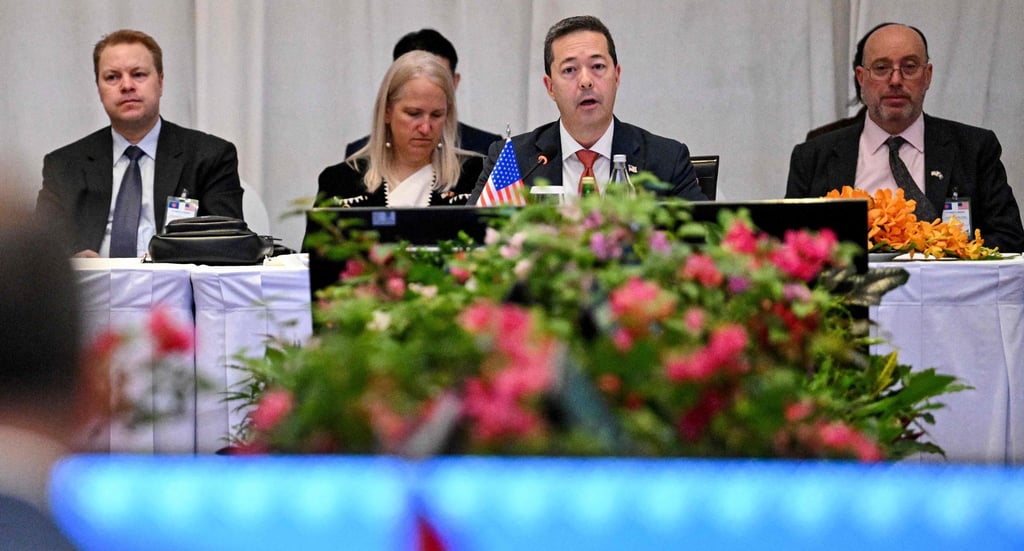 US Senior Bureau official Sean O’Neill (second from right) at the 37th US-Asean Dialogue in Siem Reap on Tuesday. Photo: AFP