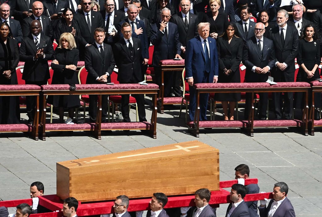 World leaders including France’s President Emmanuel Macron and US President Donald Trump observe the coffin of Pope Francis during his funeral ceremony on Saturday. Photo: AFP