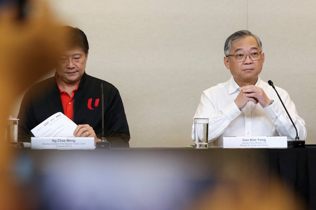 Singapore’s Deputy Prime Minister and Minister of Trade and Industry Gan Kim Yong (right) looks on during a meeting of the city stat’es task force on US tariffs earlier this month. Photo: Reuters