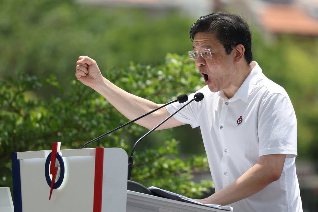 Singapore’s Prime Minister Lawrence Wong speaks at a People’s Action Party rally ahead of the general election, in Singapore’s central business district on Monday. Photo: Reuters