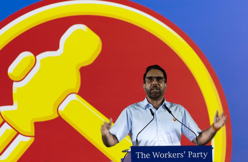 Pritam Singh, Singapore’s leader of the opposition and secretary general of the Workers’ Party, speaks during a rally on Saturday. Photo: EPA-EFE