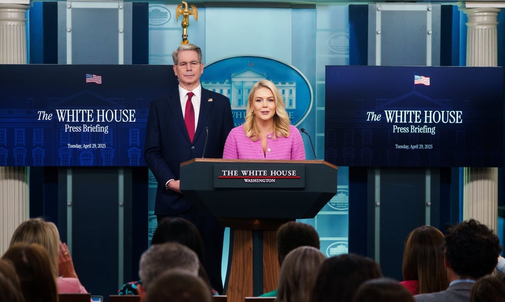 White House Press Secretary Karoline Leavitt and US Treasury Secretary Scott Bessent during a press briefing at the White House on Tuesday. Photo: EPA-EFE