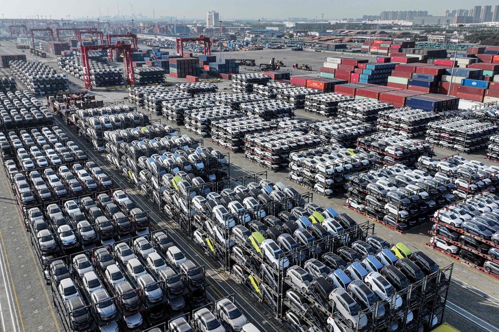 BYD electric cars, bound for South America, are stacked at the Taicang Port in Suzhou in eastern Jiangsu province on April 8, 2025. Photo: AFP
