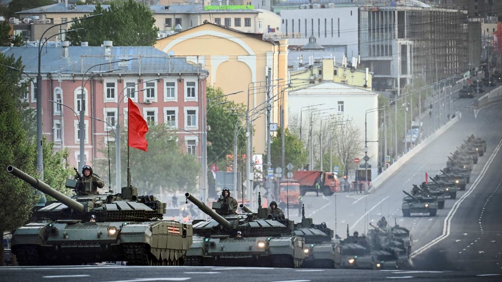 Russian T-90M tanks during a rehearsal for the Victory Day parade. Photo: AFP