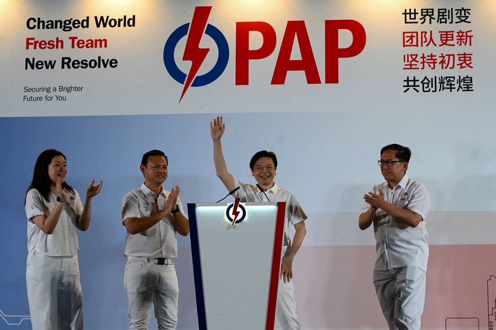 Singapore Prime Minister Lawrence Wong of the People’s Action Party (PAP) celebrates the party’s general election results on Saturday. Photo: AFP