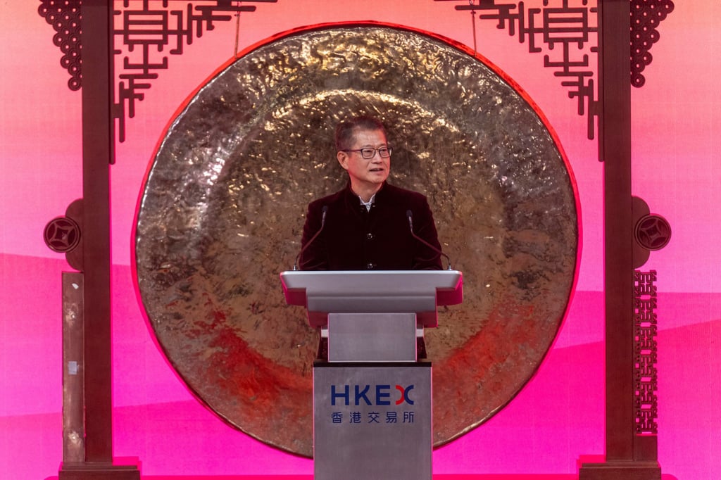 Hong Kong’s Financial Secretary Paul Chan speaks during a ceremony to mark the first trading day of the Year of Snake at the HKEX on February 3, 2025. Photo: AP