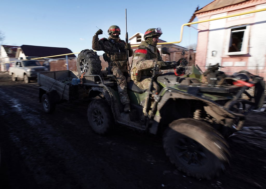 Russian soldiers in a village in the Sudzha district of Russia’s Kursk region in March, after it was previously held by Ukrainian troops. File photo: AFP