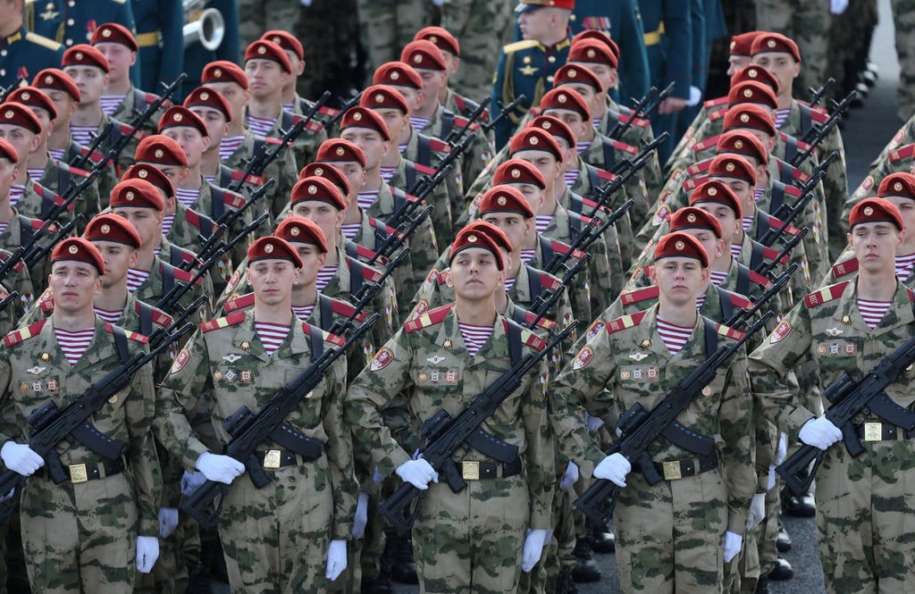 Russian service members rehearse for a military parade on Wednesday in central Moscow. Photo: Reuters