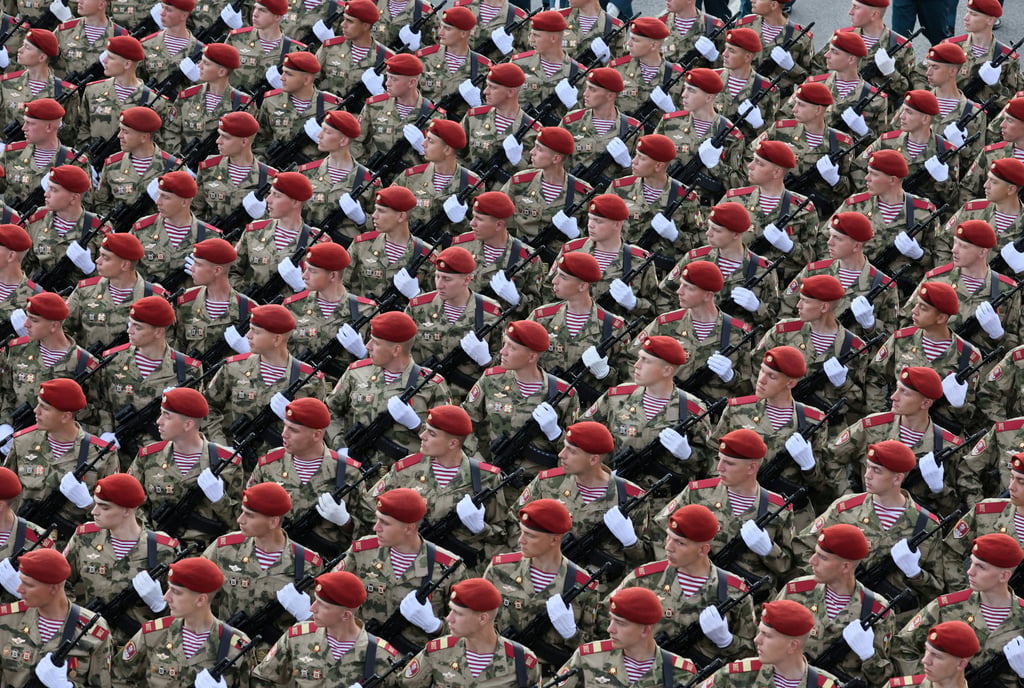 Russian service members rehearse for Friday’s military parade in Moscow. Photo: Reuters