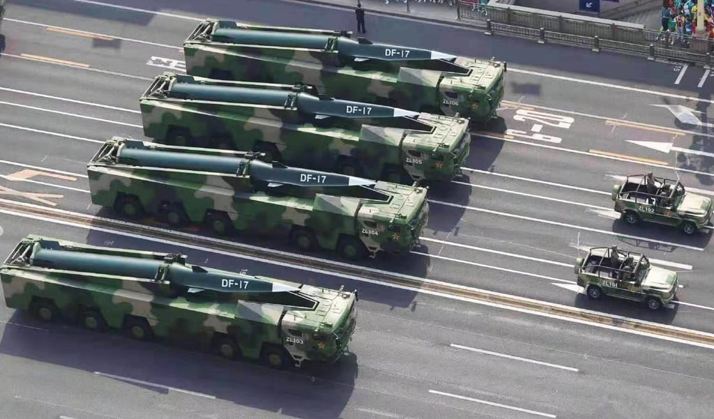 Chinese military vehicles carrying DF-17 roll during a parade to commemorate the 70th anniversary of the founding of Communist China in Beijing in 2019. Photo: Handout