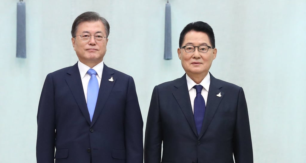 Park Jie-won (right) served as chief of the National Intelligence Service under liberal president Moon Jae-in. Photo: EPA-EFE/Yonhap