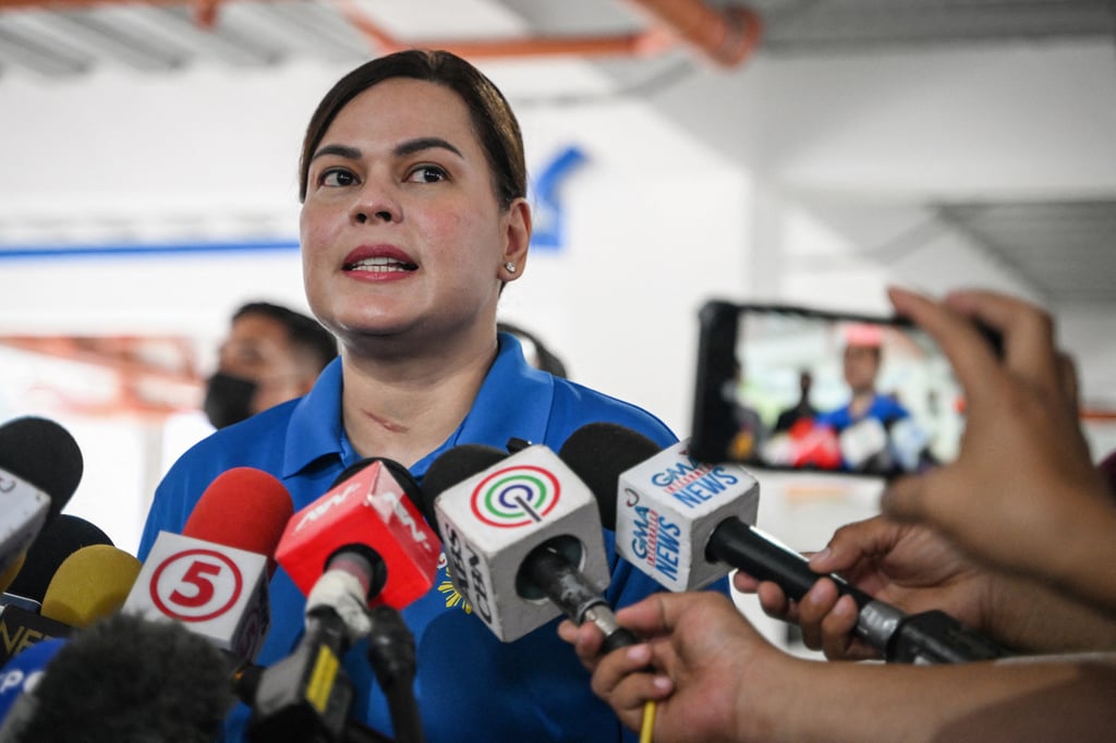 Philippine Vice-President Sara Duterte holds a press conference at a hospital in Quezon City, Metro Manila, on November 26 last year. On November 26 Duterte denied she was plotting to kill President Ferdinand Marcos, saying recent comments that sparked a government probe only reflected “consternation” with her one-time ally. Photo: AFP