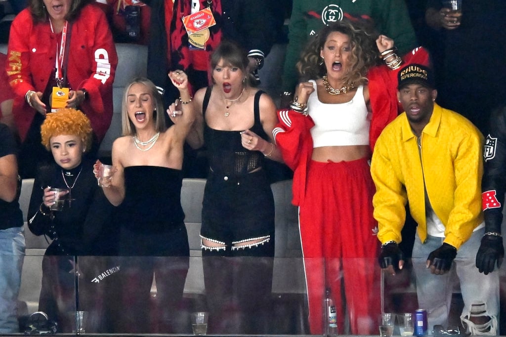 Taylor Swift and Blake Lively react during the NFL Super Bowl game between the San Francisco 49ers and the Kansas City Chiefs in Las Vegas in February 2024. Photo: AP