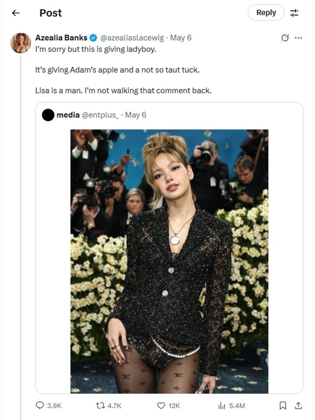 A tweet on X by US rapper Azealia Banks on Lalisa Manobal, better known as Lisa of Blackpink. Photo: X/@azealiaslacewig