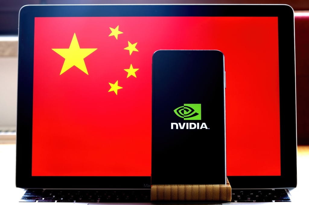 The Nvidia logo is displayed on a phone screen, with the Chinese flag in the background. Photo: Shutterstock Images