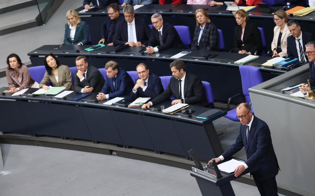 German Chancellor Friedrich Merz delivers a government statement during a session of the German parliament in Berlin on Wednesday. Photo: EPA-EFE