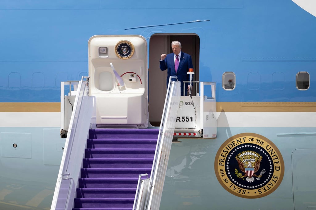 US President Donald Trump exits his plane upon arriving at the airport in Riyadh, Saudi Arabia, on Tuesday. Photo: AFP