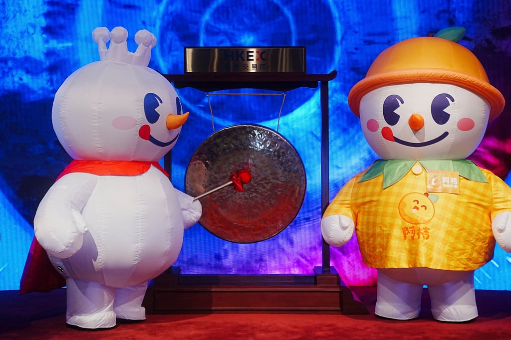 Mixue Group’s mascot Snow King strikes a gong during the company’s listing ceremony at the Hong Kong stock exchange on March 3. Photo: Reuters