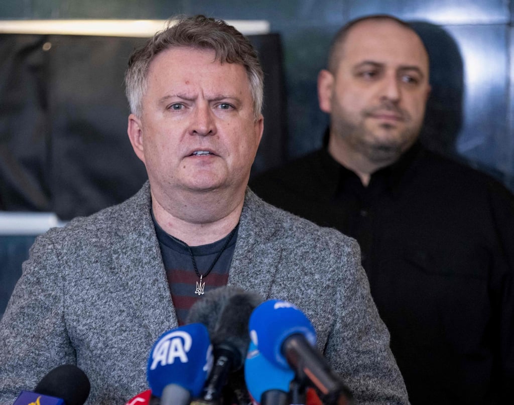 Ukraine Deputy Foreign Minister Sergiy Kyslytsya (left), flanked by Ukraine’s top negotiator and Defence Minister Rustem Umerov, speaks to journalists after a meeting with the Russian delegates in Istanbul on Friday. Photo: AFP