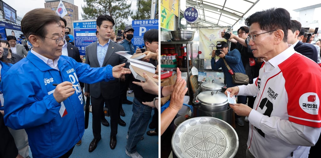 South Korea’s presidential candidates Lee Jae-myung (left) of the liberal Democratic Party and Kim Moon-soo of the conservative People Power Party make campaign stops on Friday. Photo: EPA-EFE/Yonhap