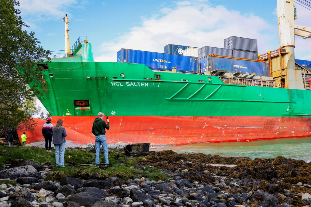 People stand near the container ship thatalmost hit a house, in Trondheim. Photo: via Reuters