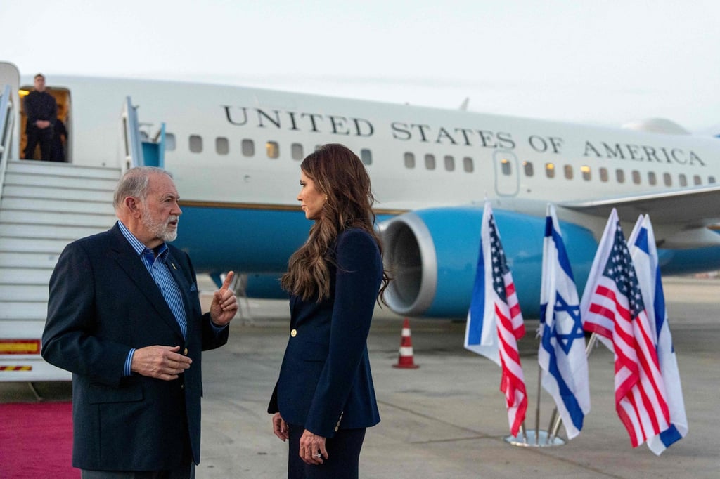 US Homeland Security Secretary Kristi Noem and US ambassador to Israel Mike Huckabee in Tel Aviv. Photo: AFP