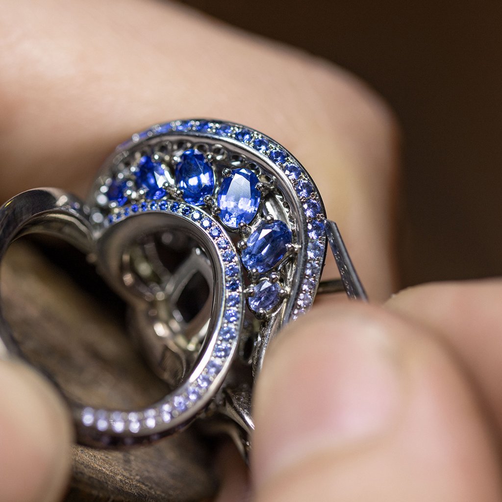The Ocean Ballet cocktail ring by Gübelin in white gold, sapphire and diamonds. Photo: Handout