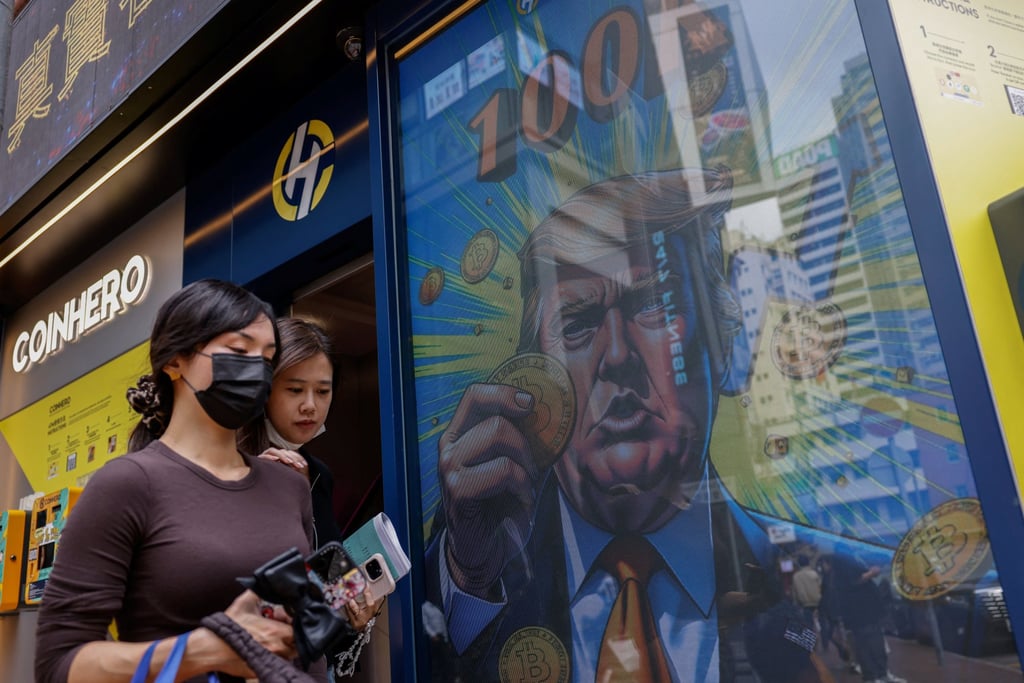 An illustration featuring US President Donald Trump outside a cryptocurrency exchange in Hong Kong. Photo: Reuters