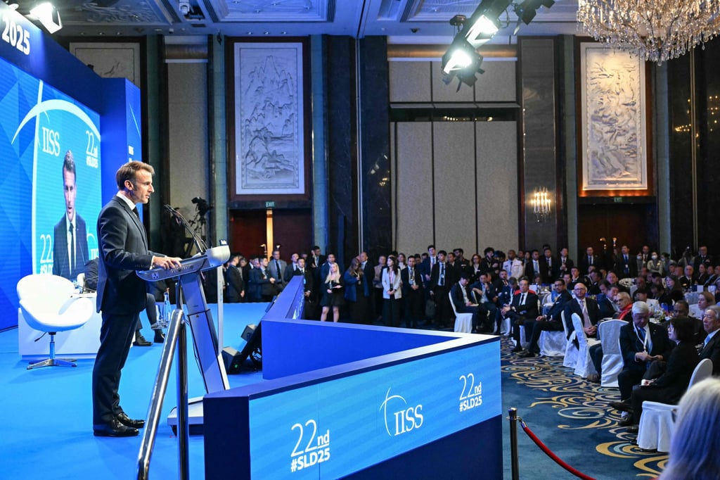 France’s President Emmanuel Macron during his keynote address at the Shangri-La Dialogue on Friday. Photo: AFP