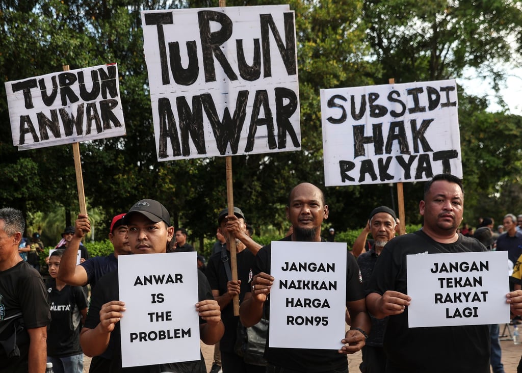 Protesters hold placards outside Malaysian Prime Minister Anwar Ibrahim’s official residence in June last year in a demonstration against subsidy cuts. Photo: EPA-EFE