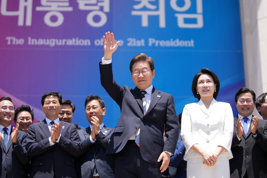 President Lee Jae-myung and his wife Kim Hye-kyung leave after his inauguration at the National Assembly in Seoul on Wednesday. Photo: Reuters