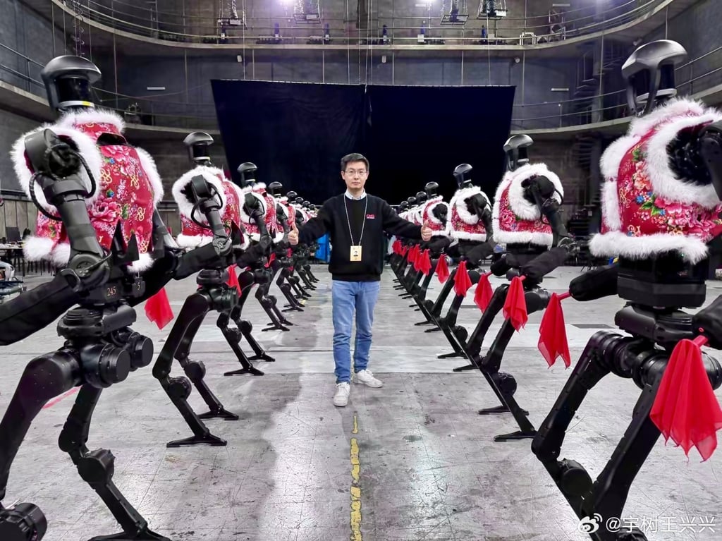 Wang Xingxing, CEO of Unitree Robotics, poses with the company’s H1 humanoids that danced at the Lunar New Year evening gala. Photo: Handout