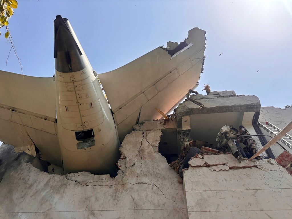 Debris of a plane that crashed in the northwestern Indian city of Ahmedabad, in Gujarat state on Thursday. Photo: X / Central Industrial Security Force / AP