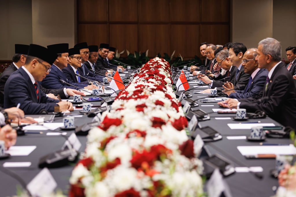 Singapore and Indonesian officials at the leaders’ retreat in Singapore on Monday. Photo: Singapore’s Ministry of Digital Development and Information/EPA-EFE