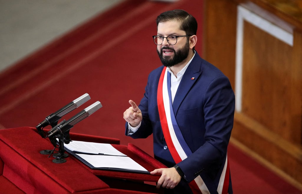 Chilean President Gabriel Boric, speaks during his annual address at the National Congress building in Valparaiso on June 1, 2025. Boric has said the courts must be allowed to act independently in the investigation. Photo: Reuters