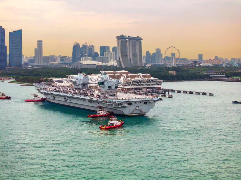 The UK’s HMS Prince of Wales arrives at Singapore’s Marina Bay Cruise Centre on Monday. It will host a range of activities including public tours and a defence and security expo. Photo: British High Commission Singapore