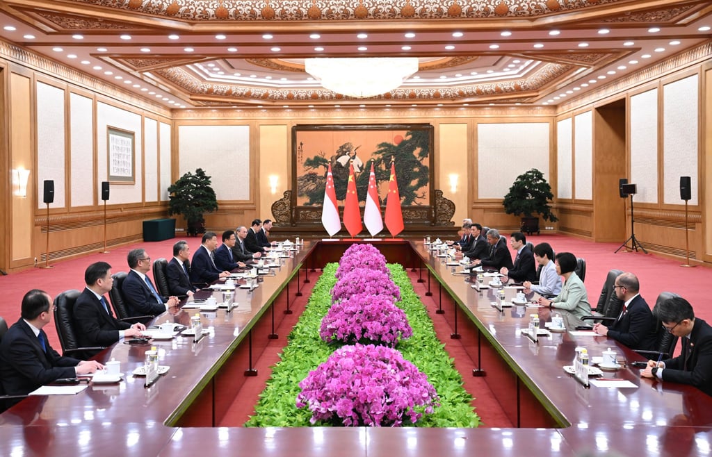 Chinese President Xi Jinping holds talks with Singaporean Prime Minister Lawrence Wong at the Great Hall of the People in Beijing on Tuesday. Photo: Xinhua
