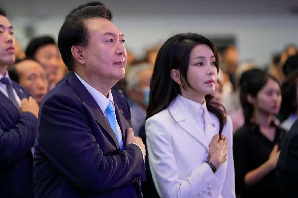Then-president Yoon Suk-yeol and his wife Kim Keon-hee attend a ceremony marking the 78th anniversary of Korea’s liberation from Japanese colonial rule, in Seoul on August 15, 2023. Photo: EPA-EFE